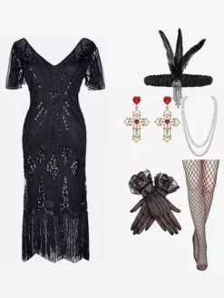 Costume Des Années 1920 Paillettes Dorées Frange Ensemble Élégant Robe Vintage Bourgogne