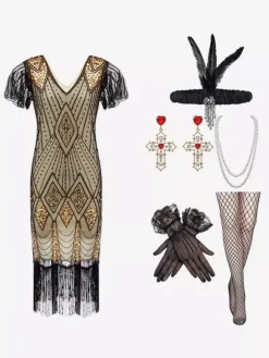Costume Des Années 1920 Paillettes Dorées Frange Ensemble Élégant Robe Vintage Bourgogne