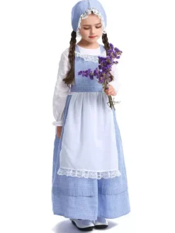 Costume Enfants Laitier Filles Cosplay Fille Bébé Bleu Polyester Chapeau Robe 3 Pièces Ensemble Halloween Fermier Cosplay Déguisement Halloween