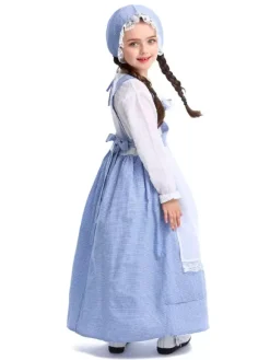 Costume Enfants Laitier Filles Cosplay Fille Bébé Bleu Polyester Chapeau Robe 3 Pièces Ensemble Halloween Fermier Cosplay Déguisement Halloween