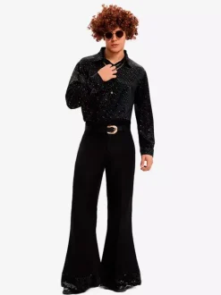 Costume Hippie Noir Vintage Ensemble Élégant Manches Longues Rétro Costumes Pour Homme