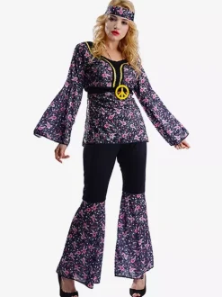 Costume hippie pour femme robe florale rétro à manches longues et trompette