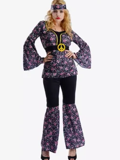 Costume hippie pour femme robe florale rétro à manches longues et trompette