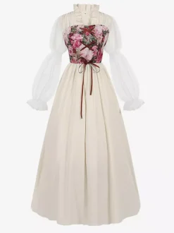 Costume médiéval Renaissance pour femme style vintage à lacets et bandages floraux.
