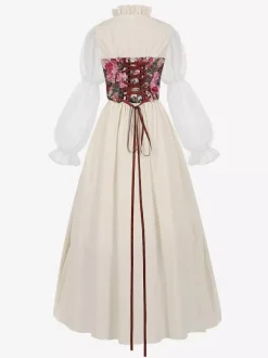 Costume médiéval Renaissance pour femme style vintage à lacets et bandages floraux.