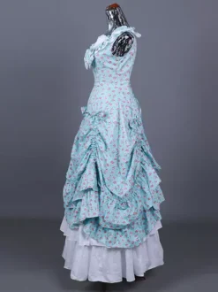 Costume rétro bleu ciel clair pour femme imprimé floral volants plissé polyester ensemble robe costume Marie-Antoinette costume rétro du XVIIIe siècle
