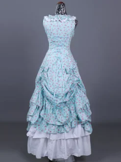 Costume rétro bleu ciel clair pour femme imprimé floral volants plissé polyester ensemble robe costume Marie-Antoinette costume rétro du XVIIIe siècle