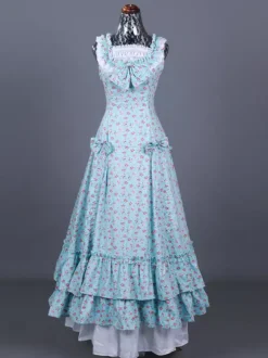 Costume rétro bleu ciel clair pour femme imprimé floral volants plissé polyester ensemble robe costume Marie-Antoinette costume rétro du XVIIIe siècle