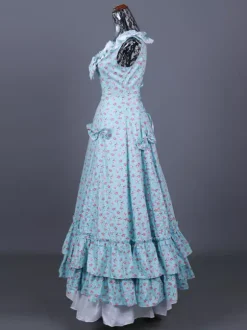 Costume rétro bleu ciel clair pour femme imprimé floral volants plissé polyester ensemble robe costume Marie-Antoinette costume rétro du XVIIIe siècle