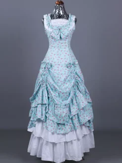 Costume rétro bleu ciel clair pour femme imprimé floral volants plissé polyester ensemble robe costume Marie-Antoinette costume rétro du XVIIIe siècle
