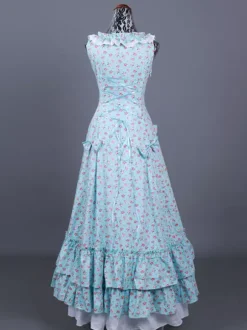 Costume rétro bleu ciel clair pour femme imprimé floral volants plissé polyester ensemble robe costume Marie-Antoinette costume rétro du XVIIIe siècle