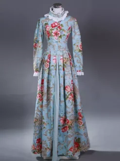 Costume rétro bleu ciel clair pour femme costume Marie-Antoinette imprimé floral volants ensemble en polyester costume rétro du XVIIIe siècle