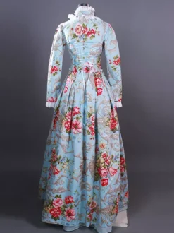 Costume rétro bleu ciel clair pour femme costume Marie-Antoinette imprimé floral volants ensemble en polyester costume rétro du XVIIIe siècle