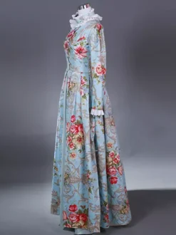 Costume rétro bleu ciel clair pour femme costume Marie-Antoinette imprimé floral volants ensemble en polyester costume rétro du XVIIIe siècle