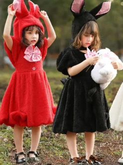 Costume Carnaval de Lapin Fille Cadeau Noël Enfants Robe Bébé avec Chapeau à Capuche Déguisement Halloween Baptême