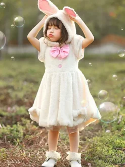 Costume Carnaval de Lapin Fille Cadeau Noël Enfants Robe Bébé avec Chapeau à Capuche Déguisement Halloween Baptême