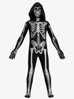 Costume complet de squelette d'Halloween avec capuche pour enfants et adultes tenue moulante à imprimé os 3D