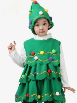 Costume d'arbre de Noël vert de Noël Robe de chapeau en fibre de polyester Costumes de vacances de Noël Ensemble complet