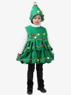 Costume d'arbre de Noël vert de Noël Robe de chapeau en fibre de polyester Costumes de vacances de Noël Ensemble complet