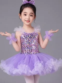 Costume de danse classique pour fille robe de ballerine violette à paillettes en polyester.