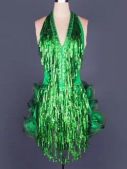 Costume de danse danse latine Costume jaune paillettes franges Halter volants sans manches robe de la femme Déguisements Halloween