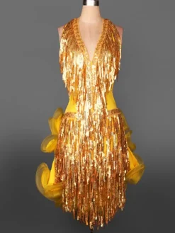 Costume de danse danse latine Costume jaune paillettes franges Halter volants sans manches robe de la femme Déguisements Halloween