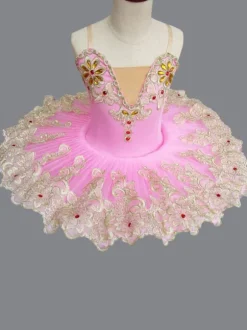 Costume de danse de ballet rose dentelle brodée perlée robe de ballerine tutu Déguisements Halloween