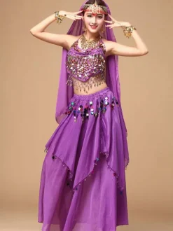Costume de Danse de Ventre Rouge Orientale en Chiffon Cosplay Femme Déguisements Halloween