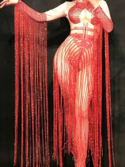 Costume de danse jazz glands rouges manches longues femmes Sexy Club Wear Déguisements Halloween