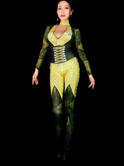 Costume De Danse Jazz Jaune Manches Longues Col En V Sexy Pour Femmes Déguisements Halloween