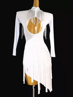 Costume de danse latine blanc pour femmes robe en Lycra et Spandex paillettes frange vêtements de danse latine