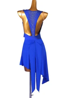 Costume de danse latine bleu femmes strass frange moulante Sexy robe en Polyester vêtements de danse
