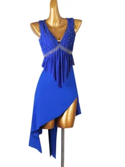 Costume de danse latine bleu femmes strass frange moulante Sexy robe en Polyester vêtements de danse