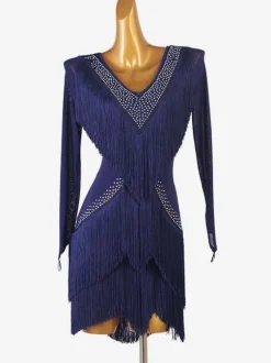 Costume de danse latine bleu femmes strass moulante Sexy robe en Polyester vêtements de danse