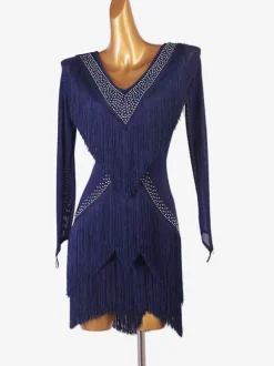 Costume de danse latine bleu femmes strass moulante Sexy robe en Polyester vêtements de danse
