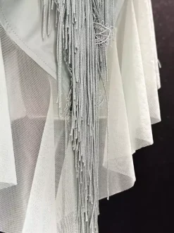 Costume de danse latine bleu pastel pour femme en polyester à franges et dos nu.
