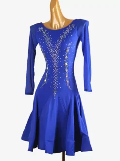 Costume de danse latine bleu Royal robe en Lycra et Spandex pour femmes paillettes élégantes Costume de danse latine