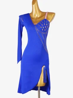 Costume De Danse Latine Bleu Une Épaule Nu Manche Longue Robe Fendue Lycra Spandex Pour Femme Noire Costume De Danse Latine Sexy