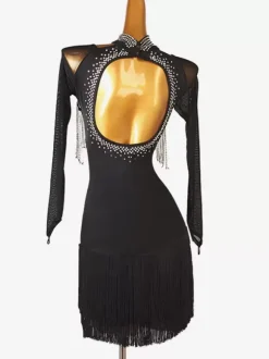 Costume de danse latine noir femme fendu devant paillettes Lycra Spandex robe Costume de danse