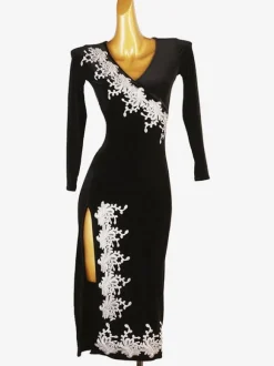 Costume De Danse Latine Noir Femmes Robe Fendue Manches Longues