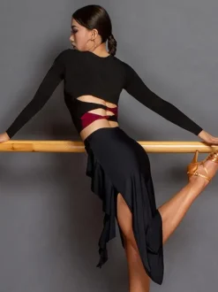 Costume de danse latine noir pour femmes jupe supérieure en Polyester dos nu vêtements de danse élégants pour danseuse latine