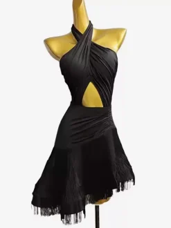 Costume de danse latine noir pour femmes robe en Lycra et spandex Sexy frange vêtements de danse latine