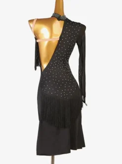 Costume De Danse Latine Noir Une Épaule Nu Manche Longue Robe Lycra Spandex Pour Femme Noire Costume De Danse Latine Sexy