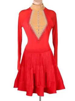 Costume de danse latine Robe en polyester pour femme rouge Sexy Strass Fringe Latin Dancer Dancing Wear
