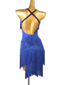 Costume de danse latine robe en polyester pour femmes bleues dos nu Sexy frange danseuse latine vêtements de danse