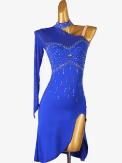 Costume De Danse Latine Robe Lycra Spandex Bleu Royal Femme Dos Nu Élégant Costume De Danse Strass