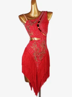 Costume de danse latine Robe Lycra Spandex pour femme rouge Vêtements de danse de danseuse latine