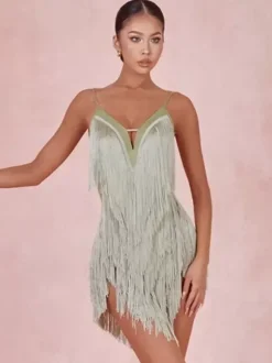 Costume de danse latine vert avocat robe à franges pour femmes robe Sexy en Polyester vêtements de danse