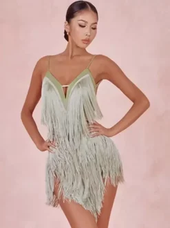 Costume de danse latine vert avocat robe à franges pour femmes robe Sexy en Polyester vêtements de danse