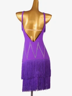 Costume De Danse Latine Violet à Bretelle Robe Fendue Lycra Spandex Pour Femme Noire Costume De Danse Latine Sexy